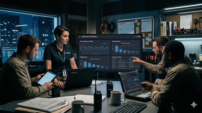 Asset health reporting dashboard with downtime and follow-up metrics.
