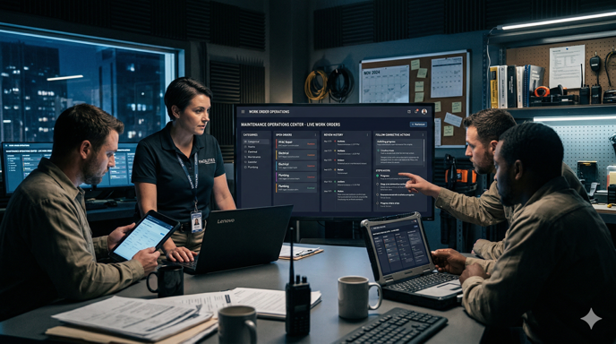 Monitoring dashboard for uptime, downtime, energy demand, and power quality.